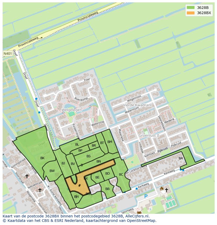 Afbeelding van het postcodegebied 3628 BX op de kaart.