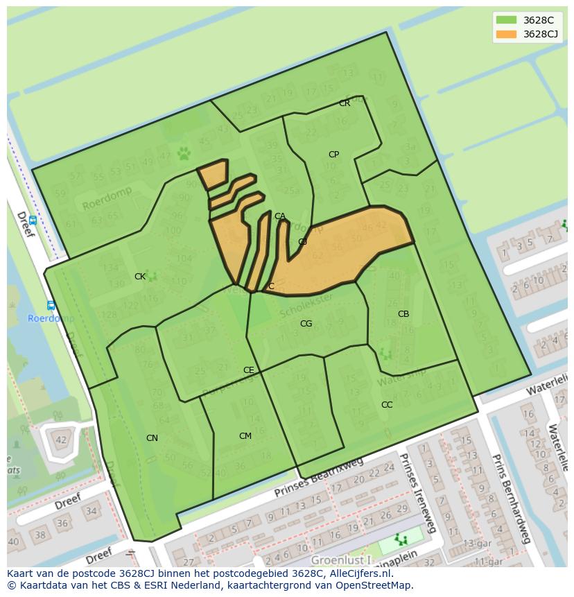 Afbeelding van het postcodegebied 3628 CJ op de kaart.