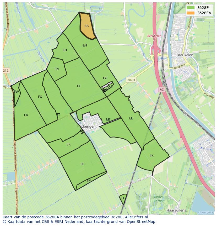 Afbeelding van het postcodegebied 3628 EA op de kaart.