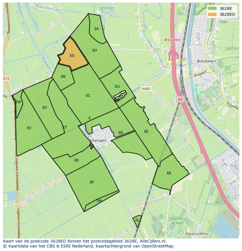 Afbeelding van het postcodegebied 3628 ED op de kaart.