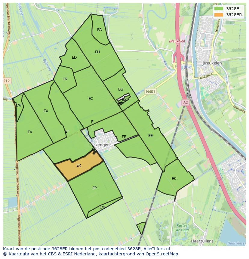 Afbeelding van het postcodegebied 3628 ER op de kaart.