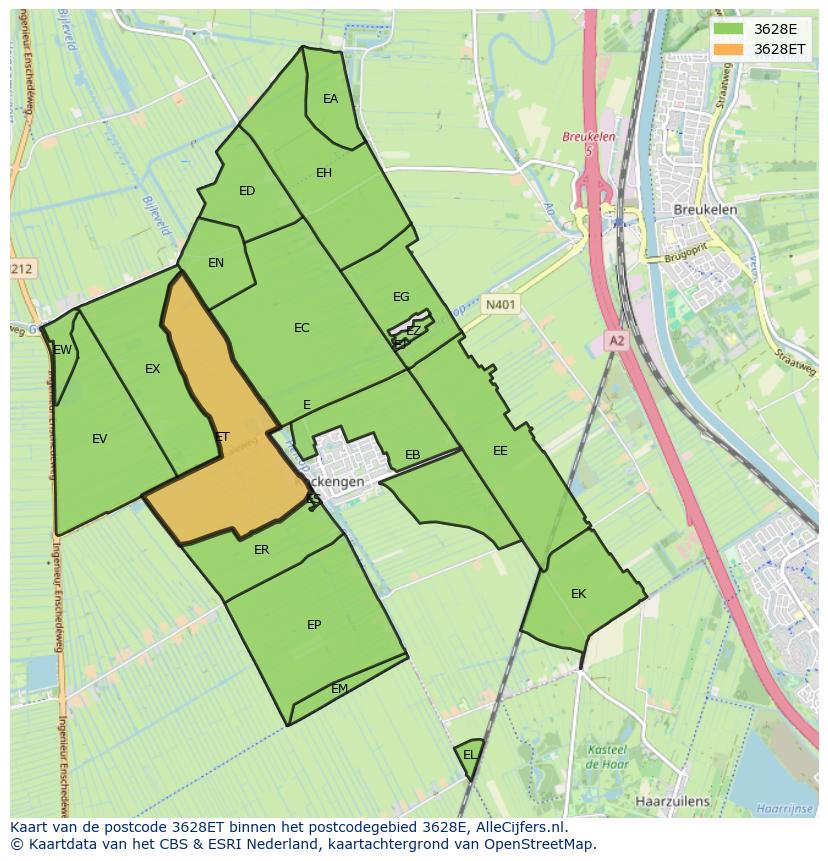 Afbeelding van het postcodegebied 3628 ET op de kaart.