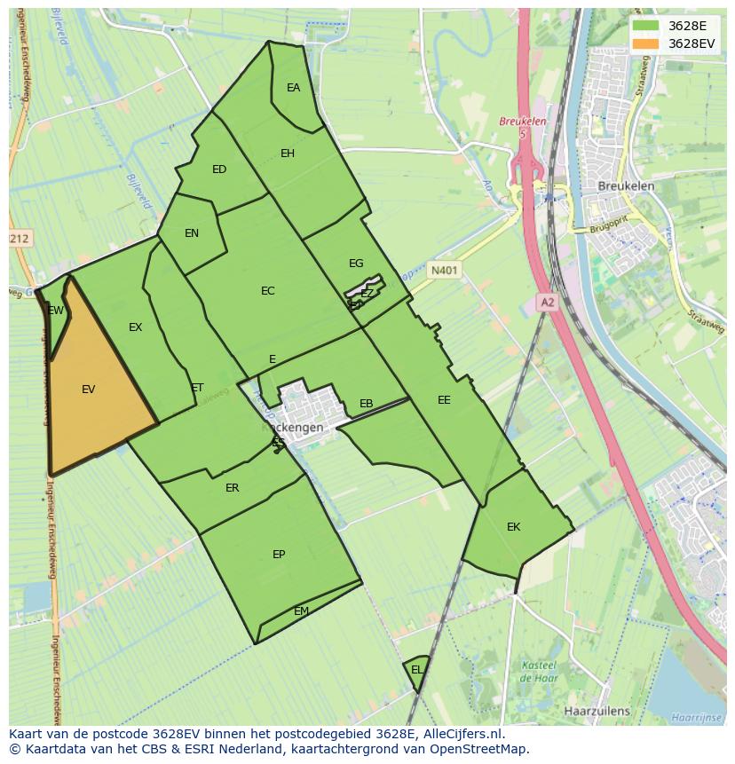 Afbeelding van het postcodegebied 3628 EV op de kaart.