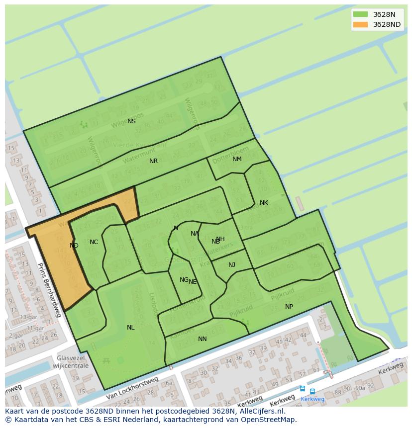 Afbeelding van het postcodegebied 3628 ND op de kaart.