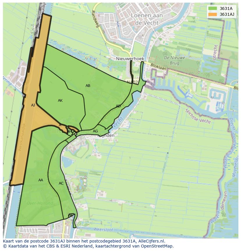Afbeelding van het postcodegebied 3631 AJ op de kaart.