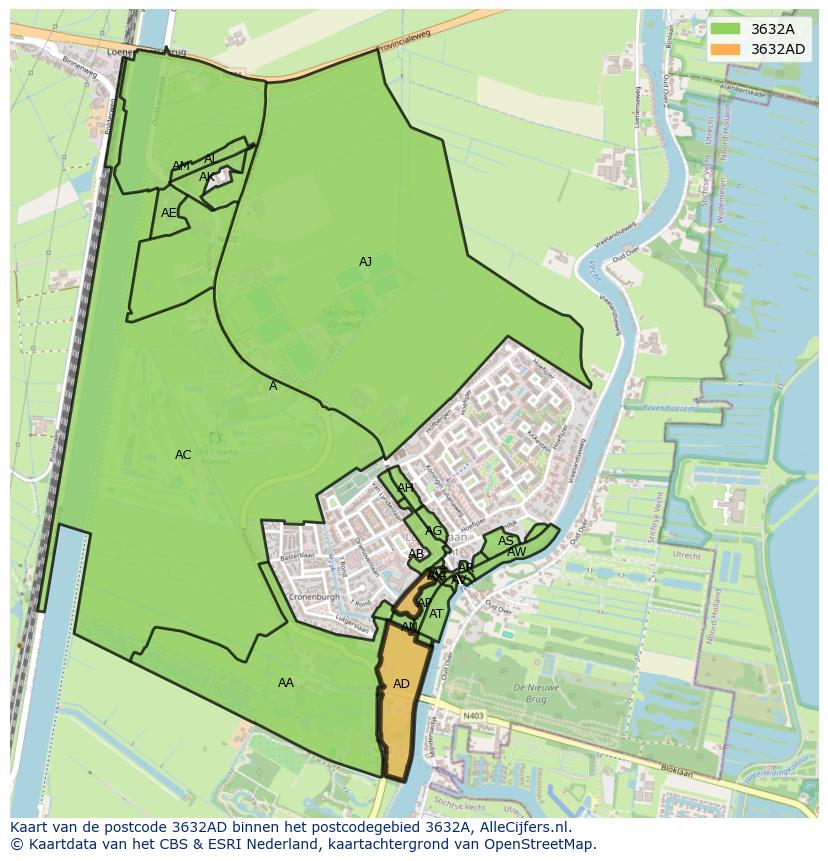 Afbeelding van het postcodegebied 3632 AD op de kaart.