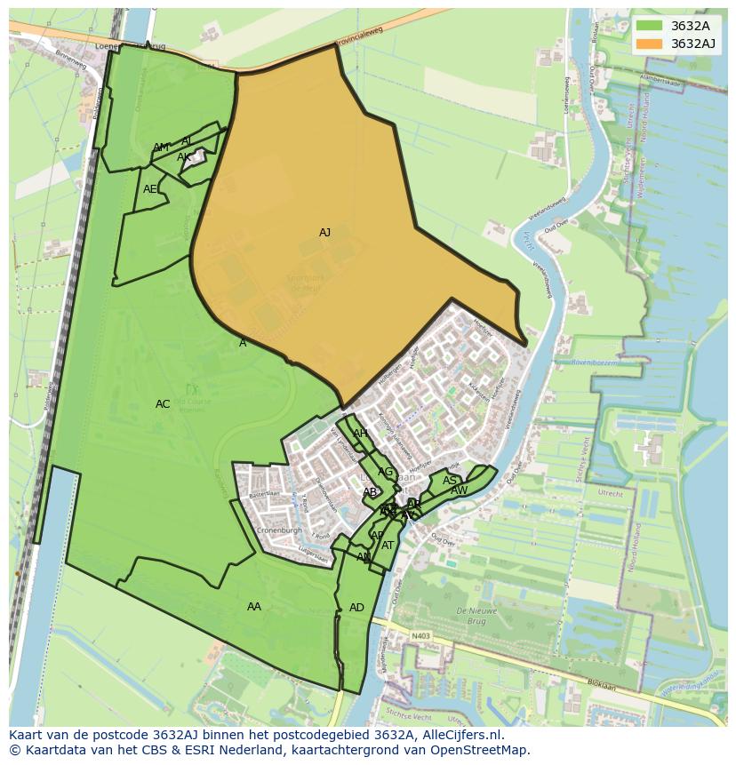 Afbeelding van het postcodegebied 3632 AJ op de kaart.