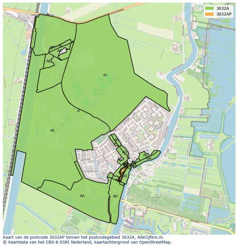 Afbeelding van het postcodegebied 3632 AP op de kaart.