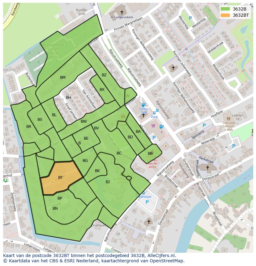 Afbeelding van het postcodegebied 3632 BT op de kaart.
