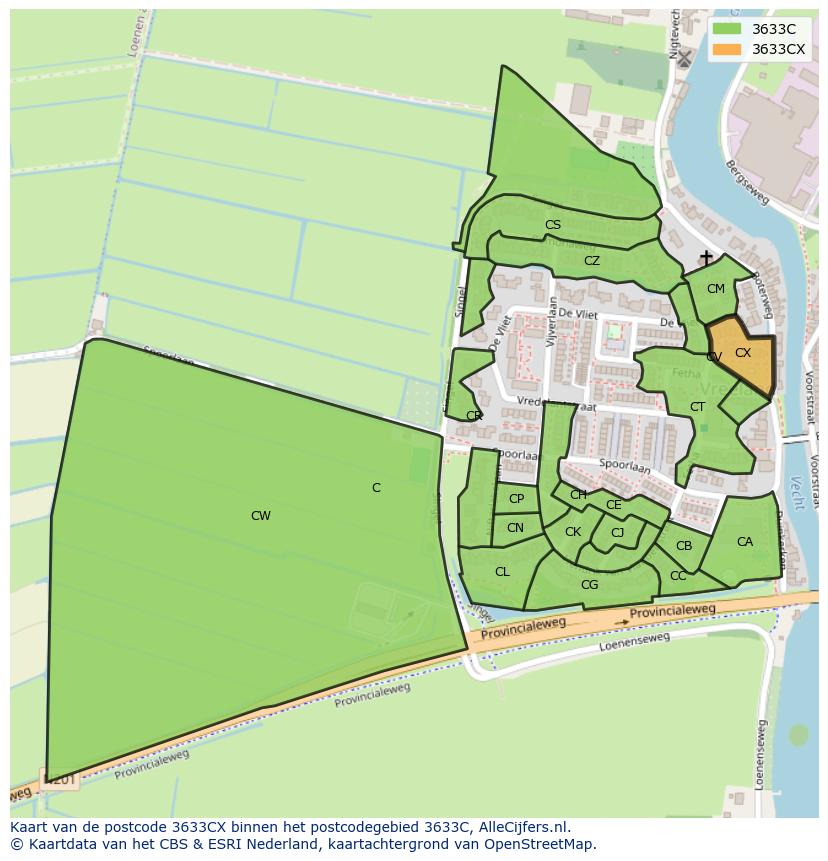 Afbeelding van het postcodegebied 3633 CX op de kaart.