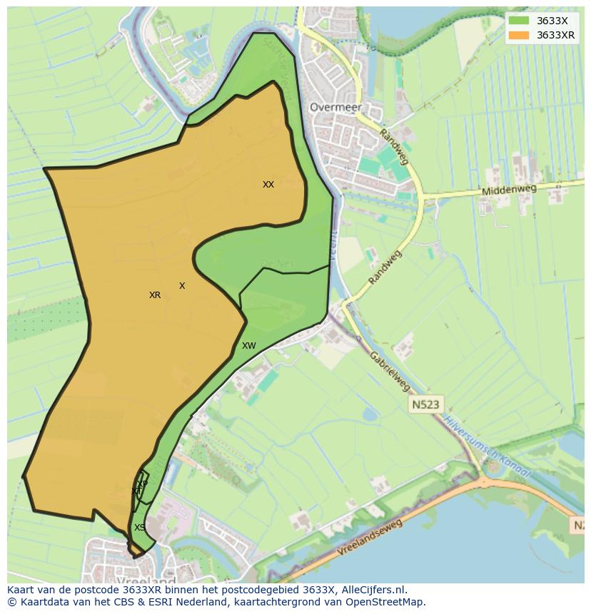Afbeelding van het postcodegebied 3633 XR op de kaart.
