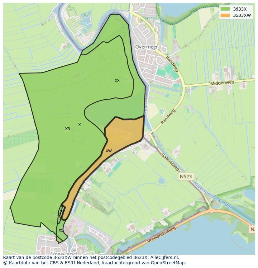 Afbeelding van het postcodegebied 3633 XW op de kaart.