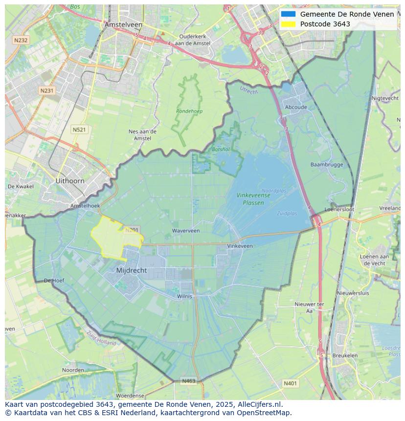 Afbeelding van het postcodegebied 3643 op de kaart.