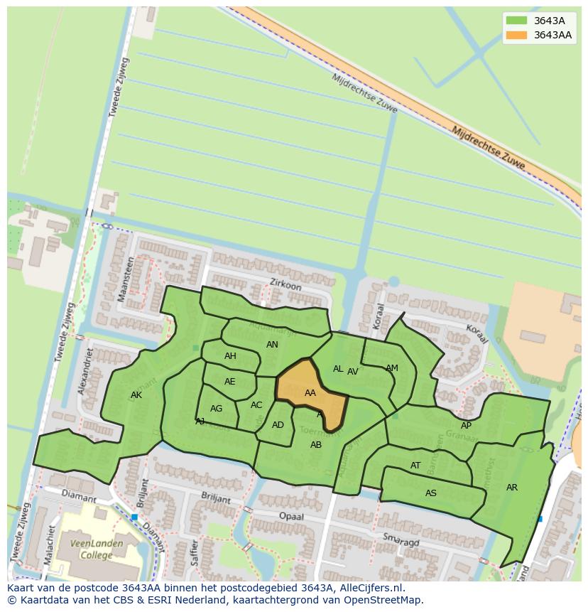 Afbeelding van het postcodegebied 3643 AA op de kaart.