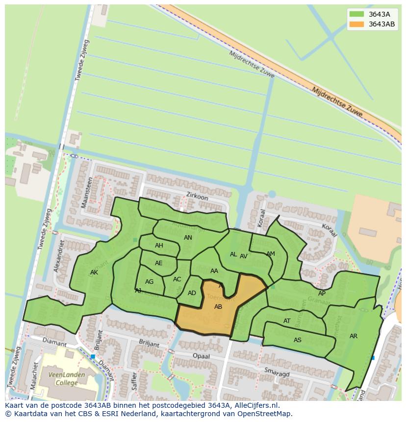 Afbeelding van het postcodegebied 3643 AB op de kaart.