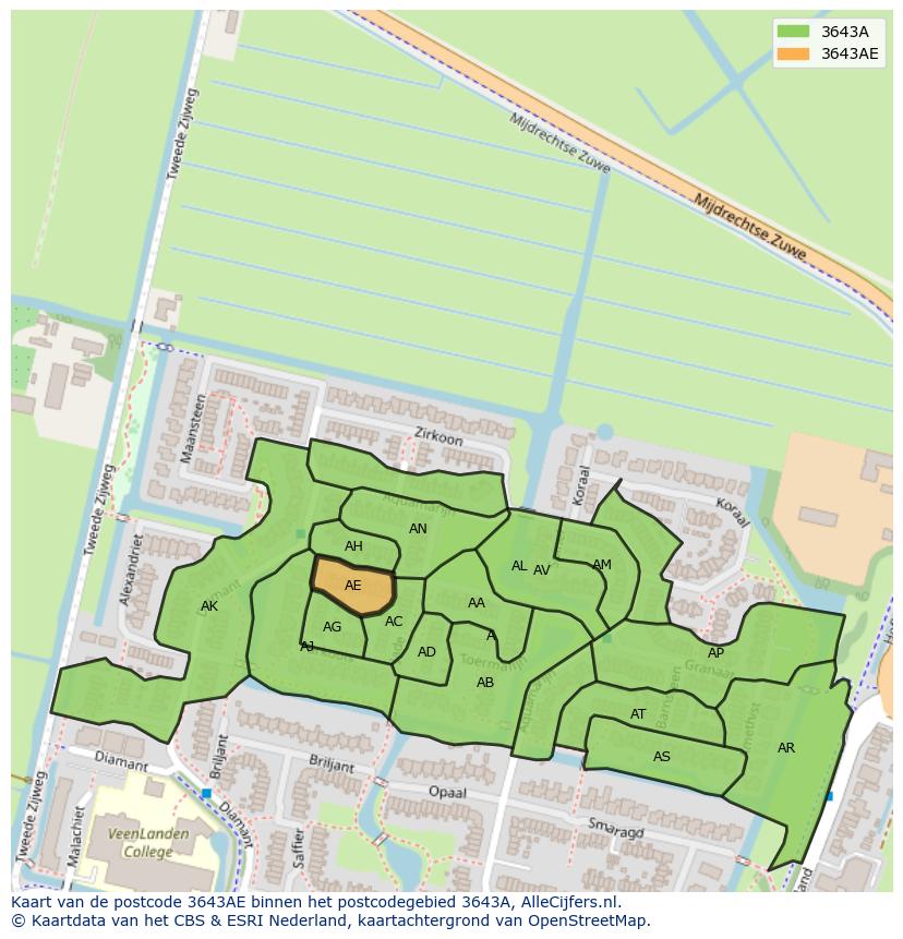Afbeelding van het postcodegebied 3643 AE op de kaart.