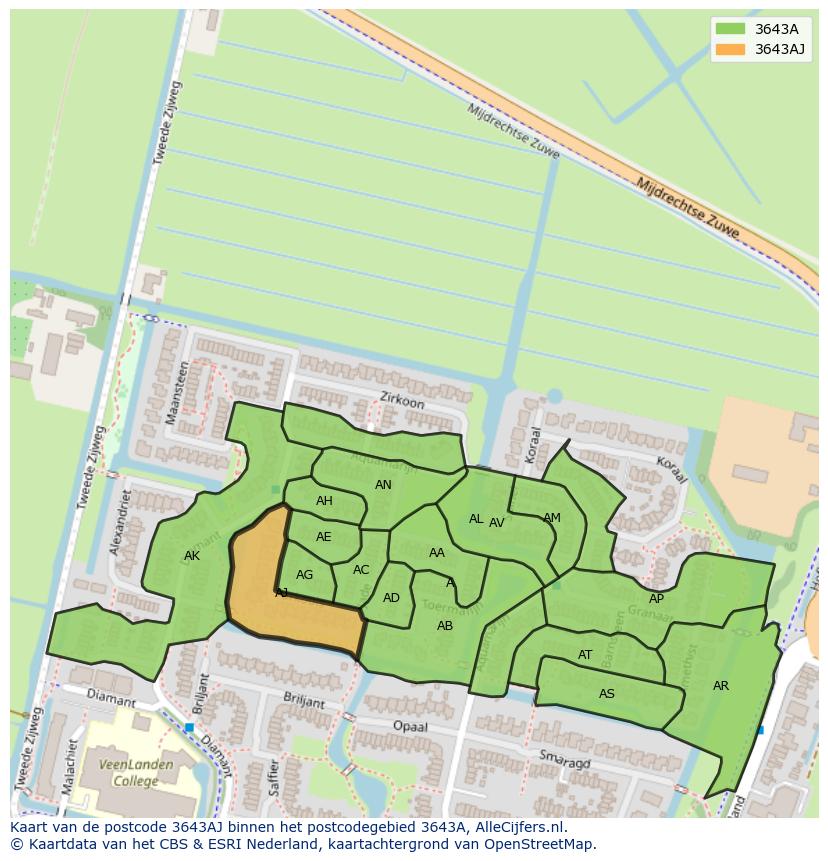 Afbeelding van het postcodegebied 3643 AJ op de kaart.