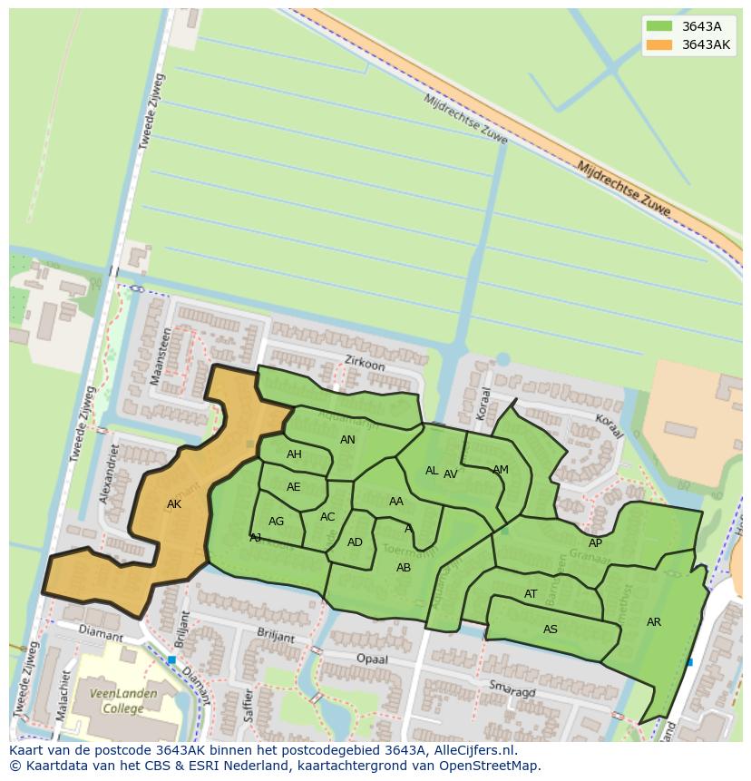 Afbeelding van het postcodegebied 3643 AK op de kaart.