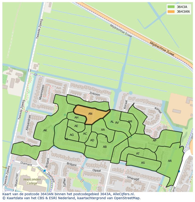 Afbeelding van het postcodegebied 3643 AN op de kaart.