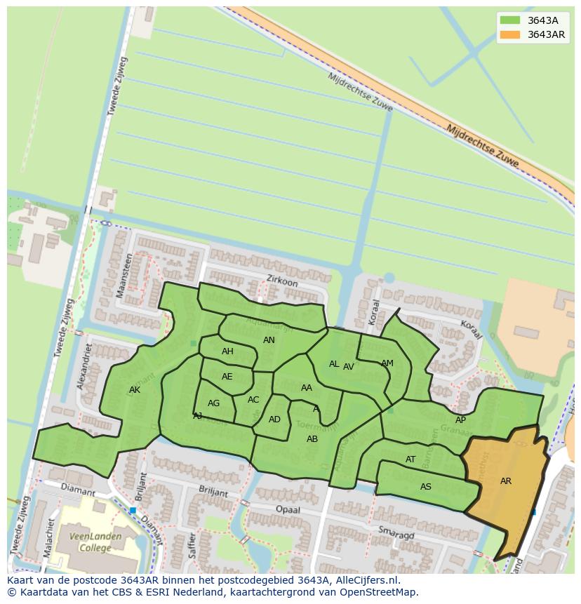 Afbeelding van het postcodegebied 3643 AR op de kaart.