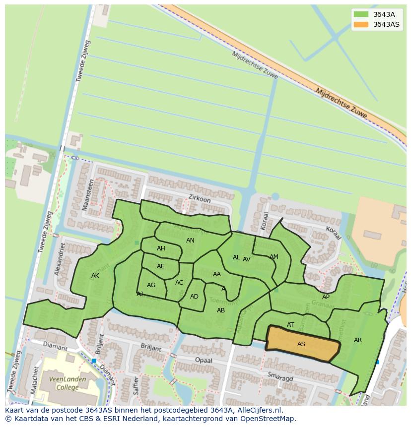Afbeelding van het postcodegebied 3643 AS op de kaart.