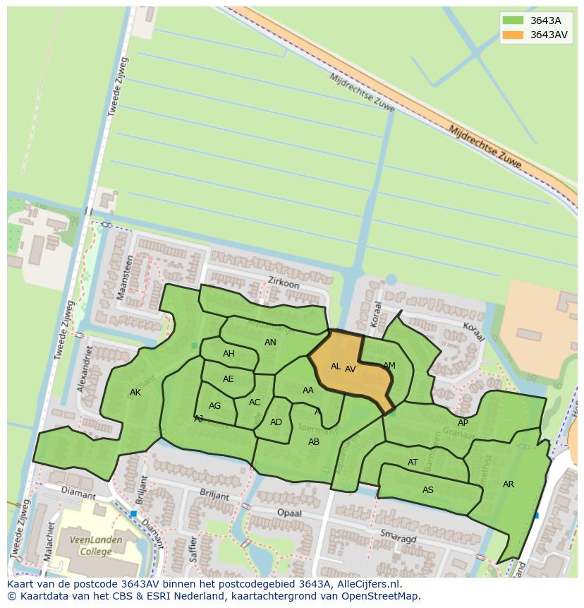 Afbeelding van het postcodegebied 3643 AV op de kaart.