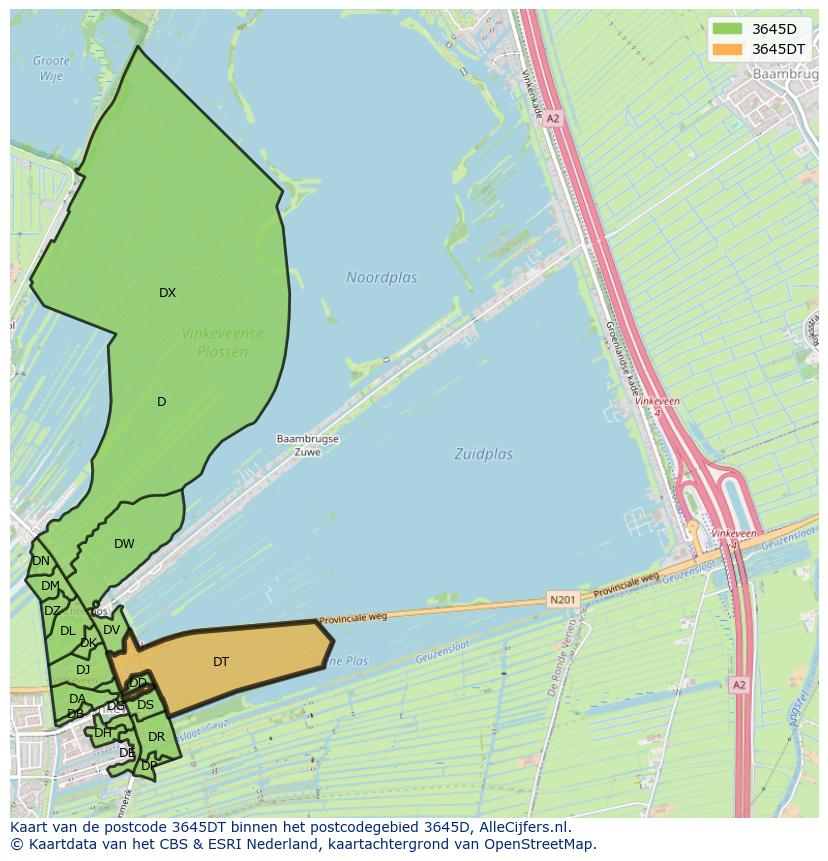 Afbeelding van het postcodegebied 3645 DT op de kaart.