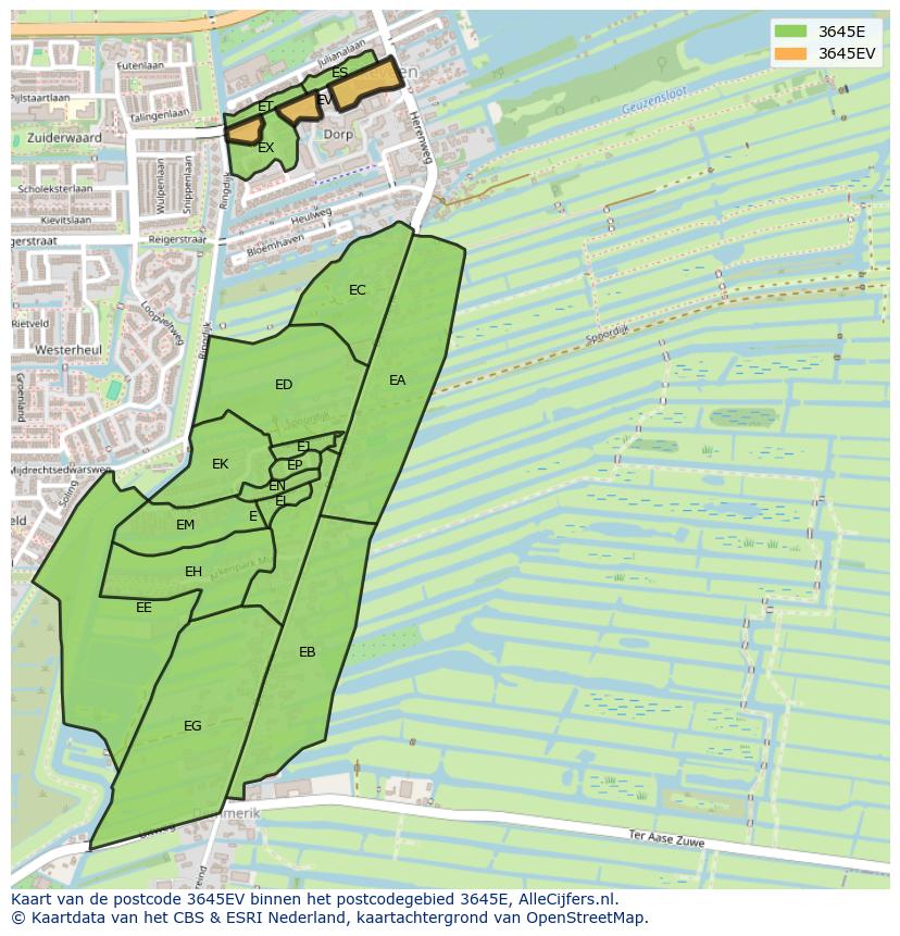 Afbeelding van het postcodegebied 3645 EV op de kaart.