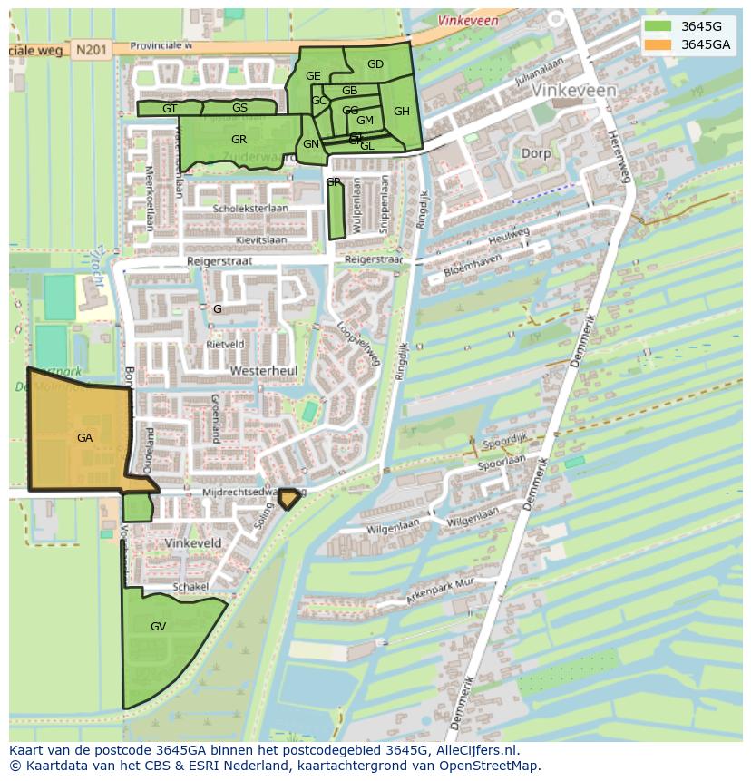 Afbeelding van het postcodegebied 3645 GA op de kaart.