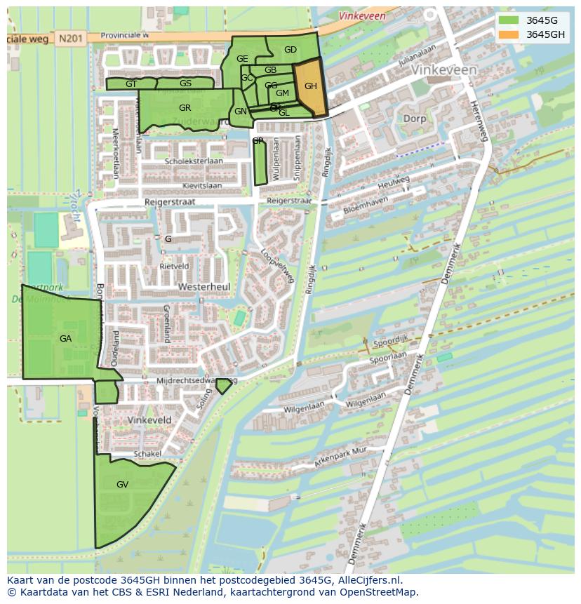 Afbeelding van het postcodegebied 3645 GH op de kaart.