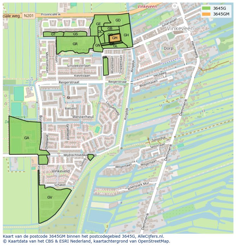 Afbeelding van het postcodegebied 3645 GM op de kaart.
