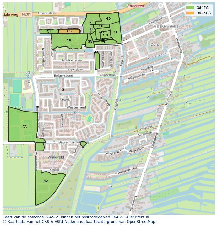 Afbeelding van het postcodegebied 3645 GS op de kaart.