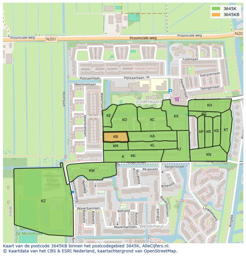 Afbeelding van het postcodegebied 3645 KB op de kaart.