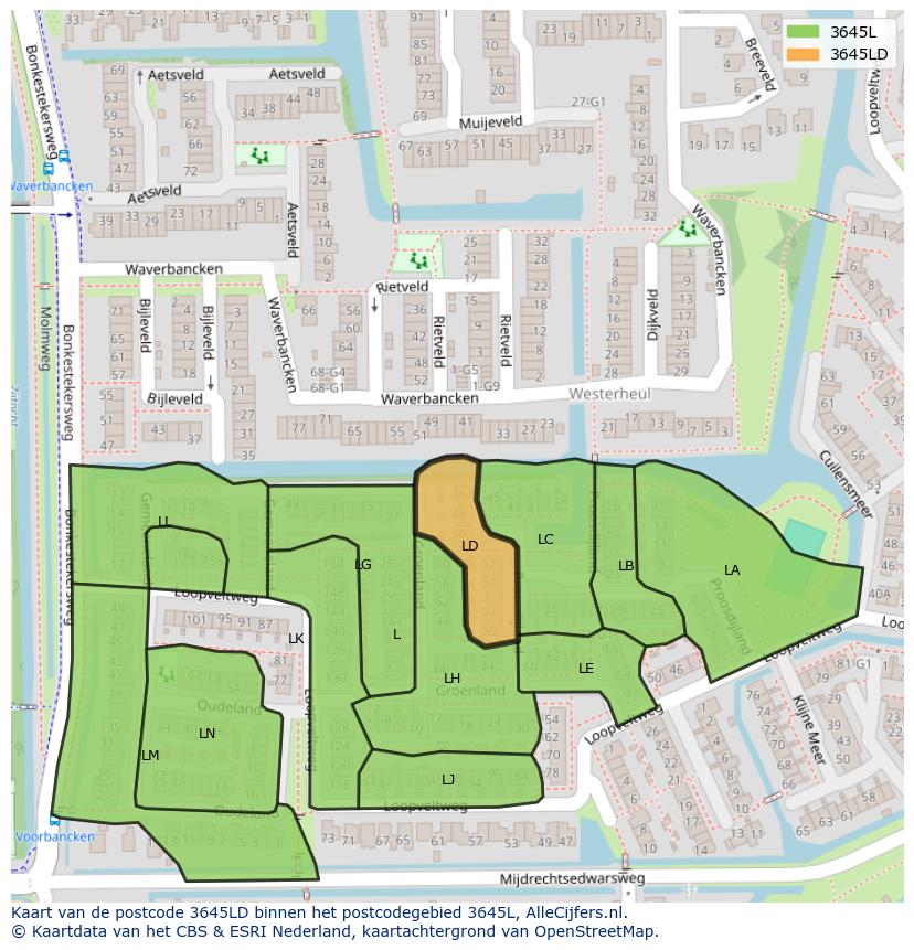 Afbeelding van het postcodegebied 3645 LD op de kaart.