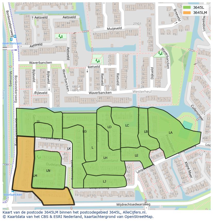 Afbeelding van het postcodegebied 3645 LM op de kaart.