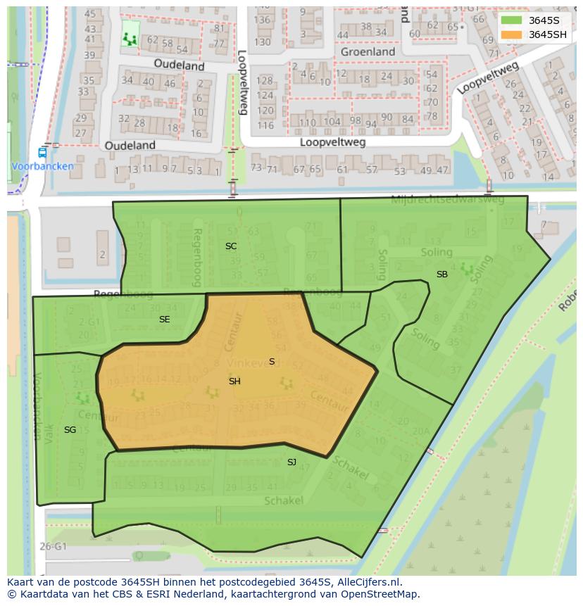 Afbeelding van het postcodegebied 3645 SH op de kaart.