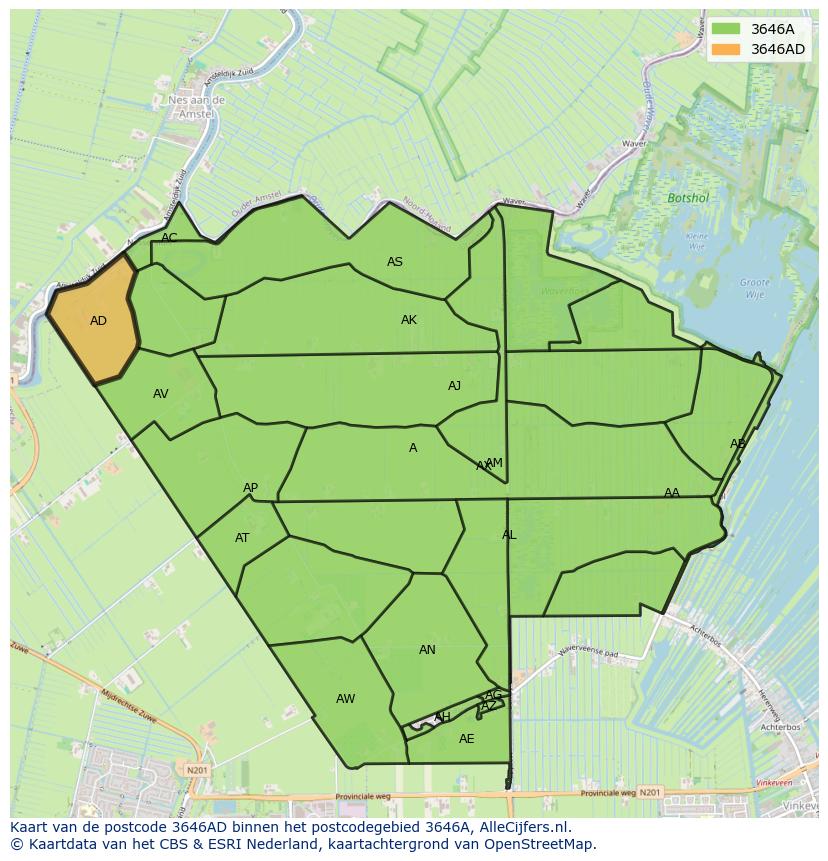 Afbeelding van het postcodegebied 3646 AD op de kaart.