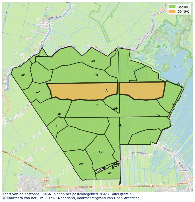 Afbeelding van het postcodegebied 3646 AJ op de kaart.
