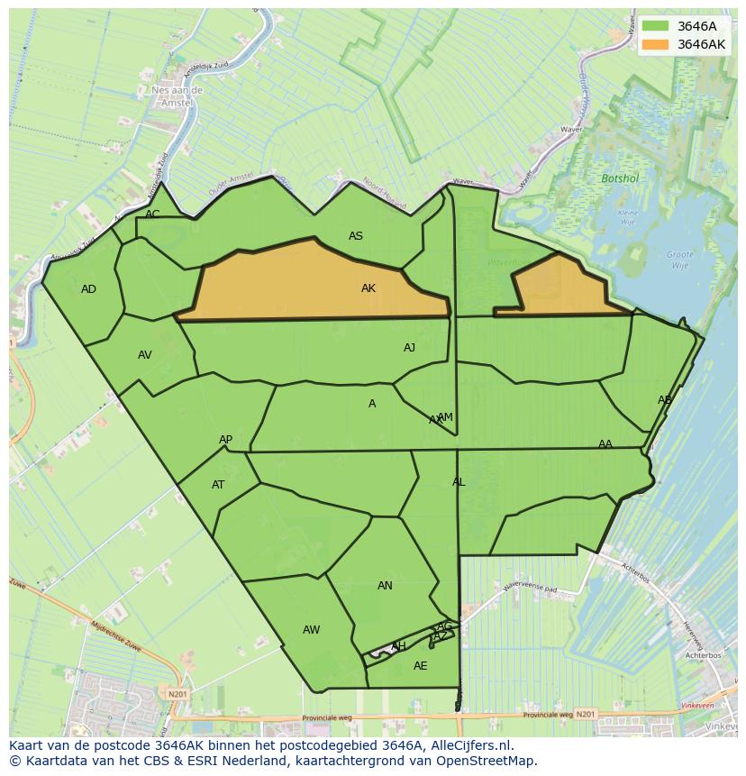 Afbeelding van het postcodegebied 3646 AK op de kaart.