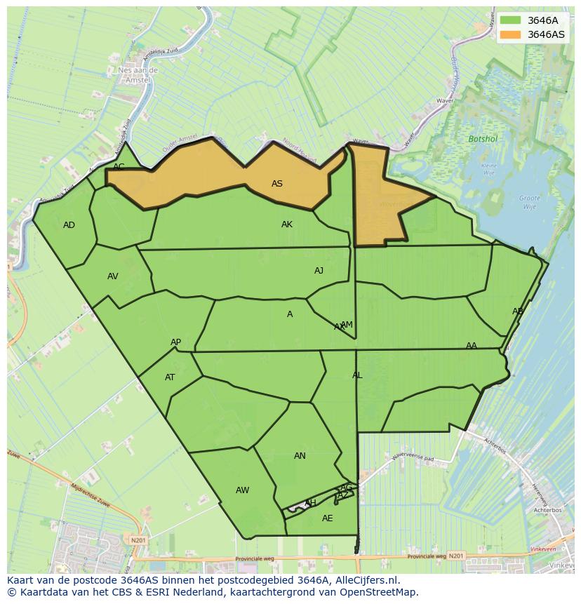 Afbeelding van het postcodegebied 3646 AS op de kaart.