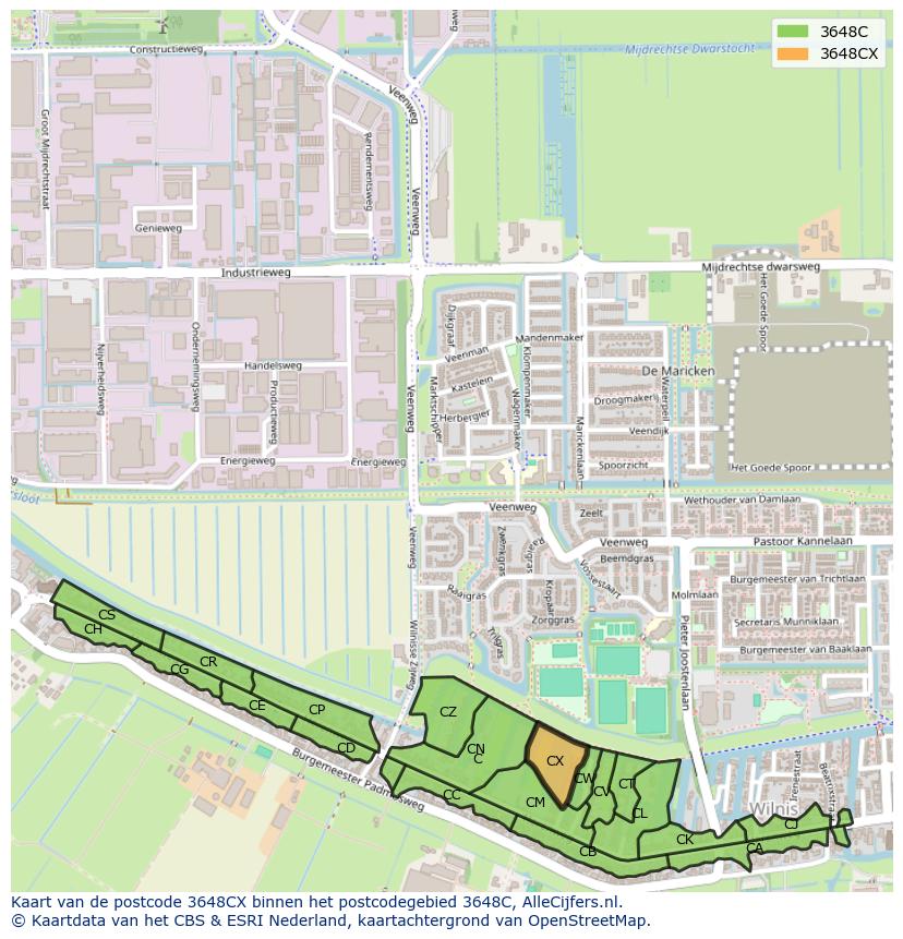 Afbeelding van het postcodegebied 3648 CX op de kaart.
