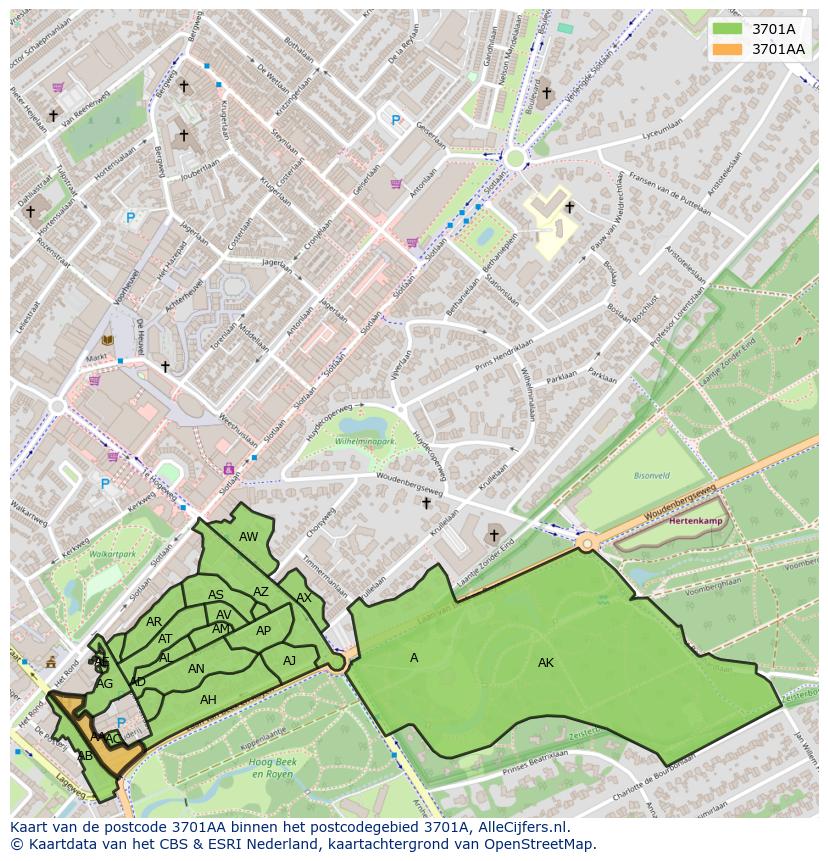 Afbeelding van het postcodegebied 3701 AA op de kaart.