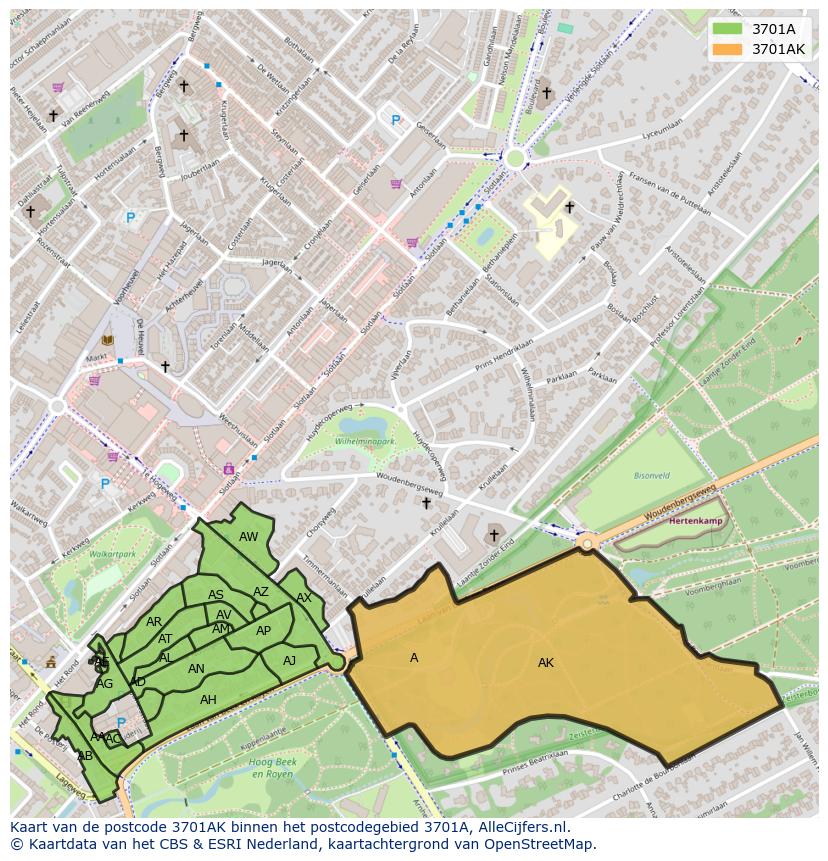 Afbeelding van het postcodegebied 3701 AK op de kaart.