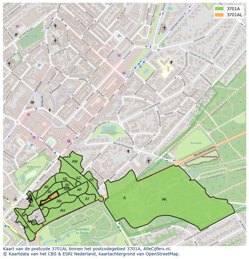 Afbeelding van het postcodegebied 3701 AL op de kaart.