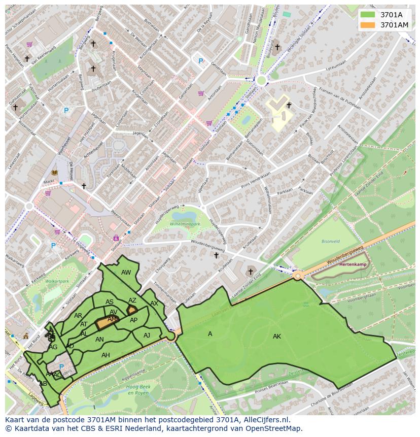 Afbeelding van het postcodegebied 3701 AM op de kaart.