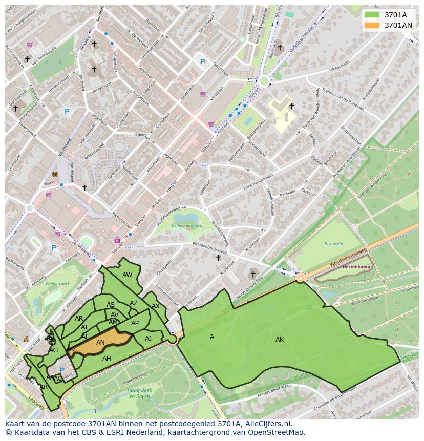 Afbeelding van het postcodegebied 3701 AN op de kaart.