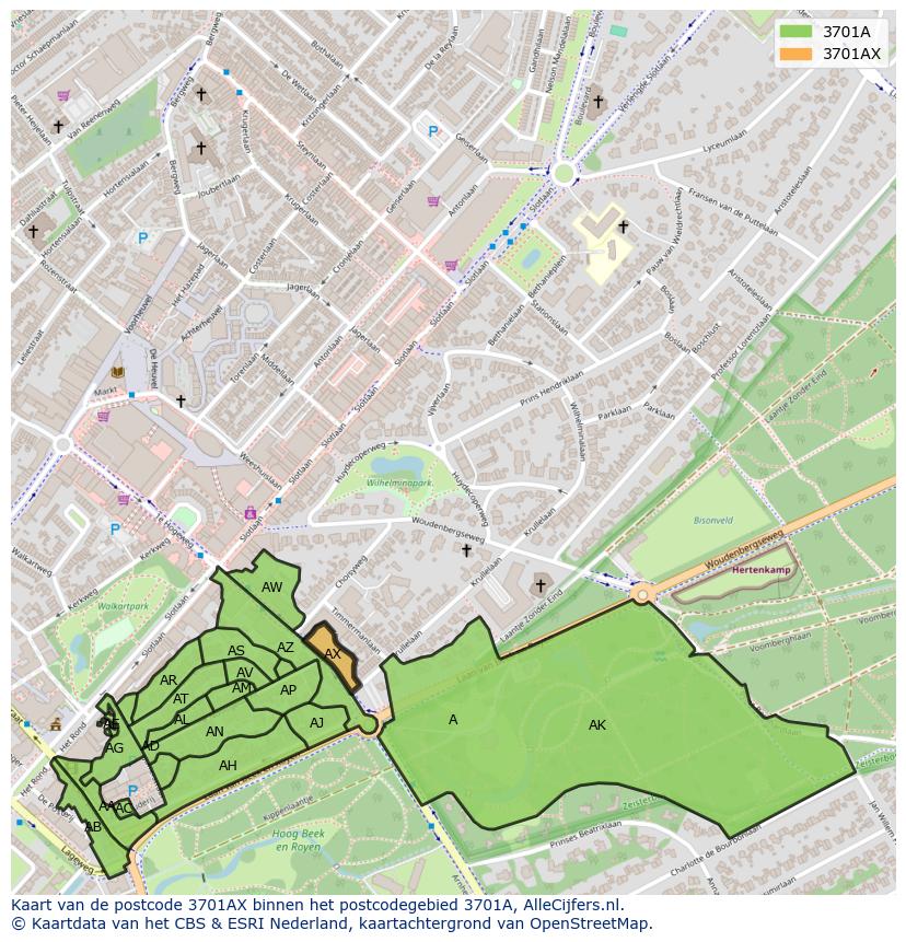 Afbeelding van het postcodegebied 3701 AX op de kaart.