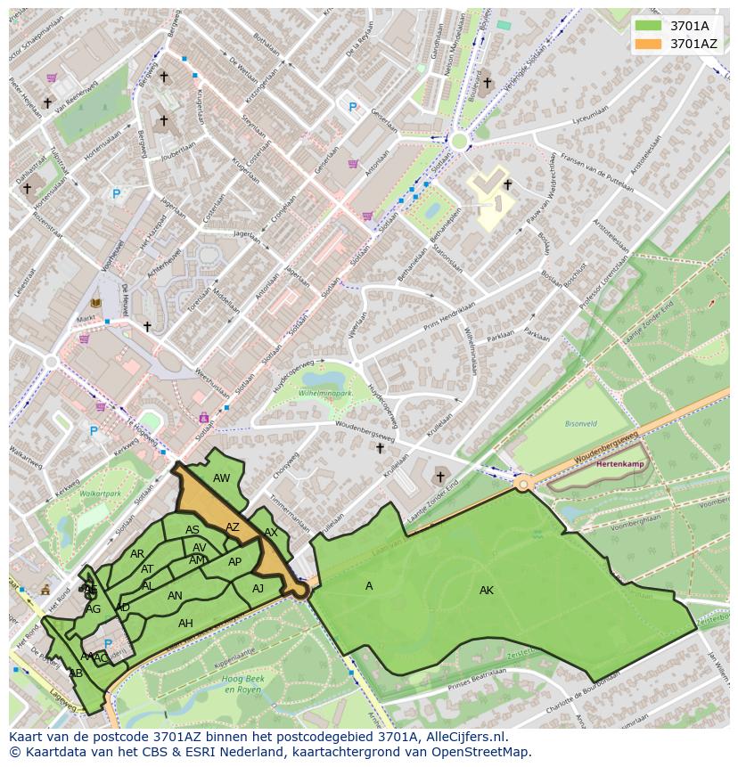 Afbeelding van het postcodegebied 3701 AZ op de kaart.