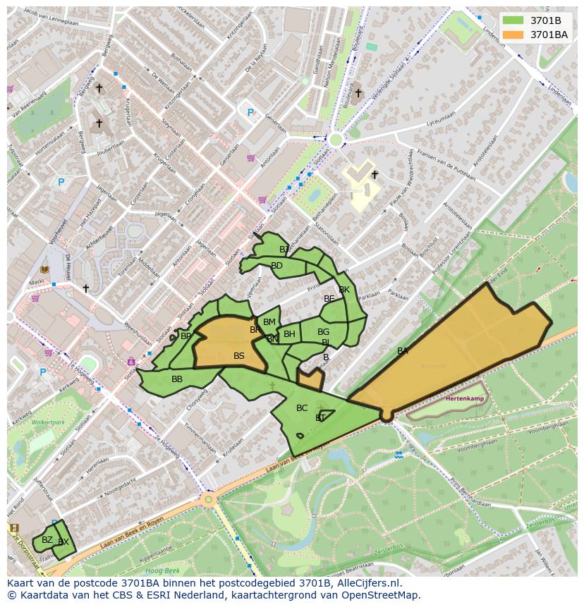 Afbeelding van het postcodegebied 3701 BA op de kaart.