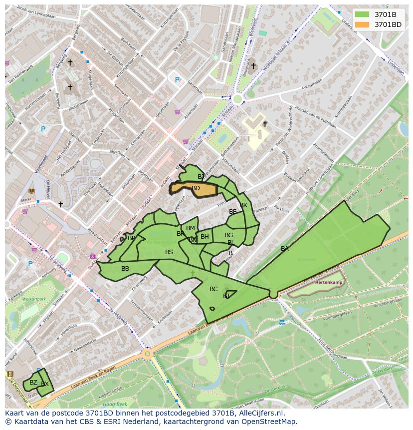 Afbeelding van het postcodegebied 3701 BD op de kaart.